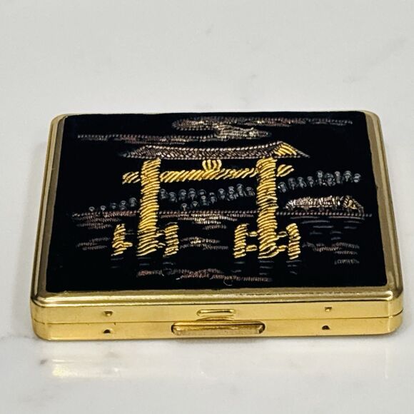 Vintage Compact Mirror Japan Black Velvet Beaded Gold Tone New Light - Picture 9 of 16